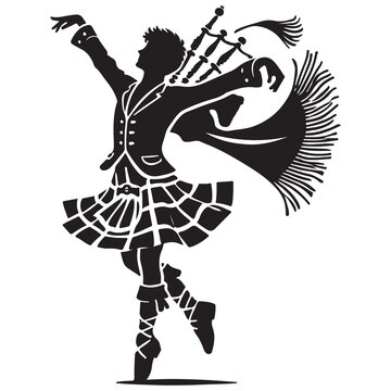Highland Dance Silhouette Vector Illustration, Solid White Background.