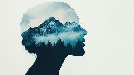 Pollution and Environmental Impact concept. Silhouette of a person blended with a mountain landscape.