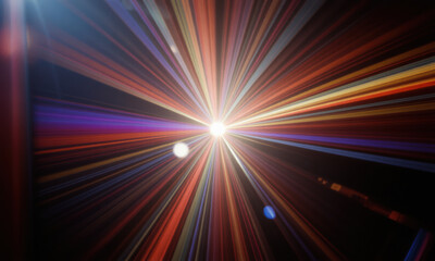 Fototapeta premium Vibrant prism light rays radiate from central point, creating stunning visual effect. colorful beams blend harmoniously, evoking sense of wonder and energy