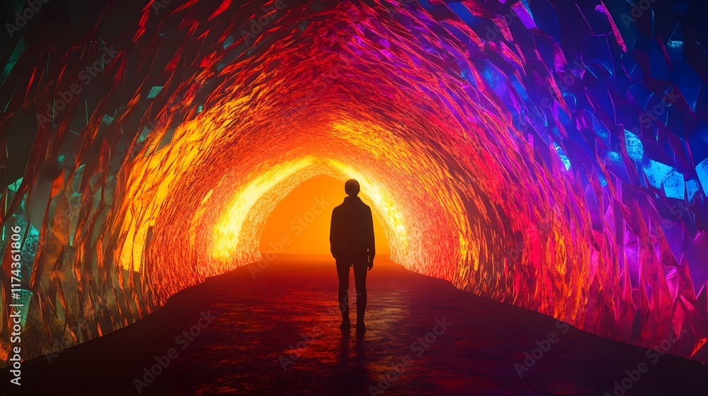 Poster illuminated pathway experience vibrant tunnel visual art urban setting perspective conceptual explor