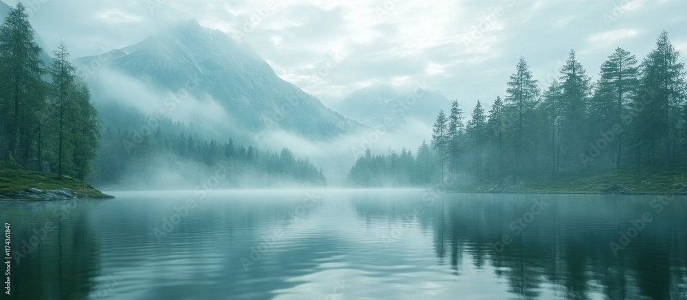 Poster serene mountain lake with fog and a reflection of trees.
