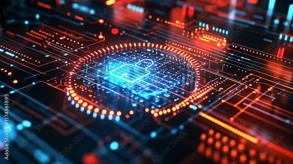 Poster digital security system showcasing a glowing lock symbol on an intricate circuit board design
