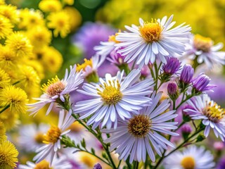 Obraz premium Springtime Violet Cutter Aster Flowers, Solidago Canadensis, White Blooms in Garden