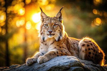 Obraz premium Majestic Eurasian lynx basks in sunlight, a wildcat at rest on sun-drenched rocks.