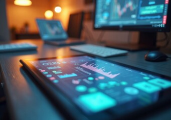 Trading setup with digital analytics displayed on tablet and multiple screens