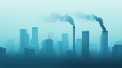 Obraz premium Pollution and Environmental Impact concept. Urban skyline with smoke emissions and foggy atmosphere.