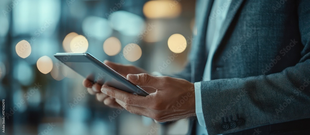 Poster close up of a businessman using a tablet computer in a modern office space.