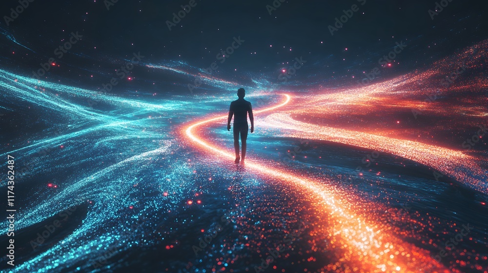 Poster Exploring the digital pathway of light and shadow virtual reality landscape abstract art futuristic environment wide angle view