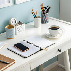 workplace on tablet  and coffee cup