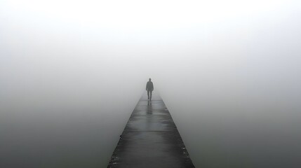 Obraz premium Mysterious figure walking on foggy pier serene waterfront photography tranquil atmosphere wide angle view solitude concept