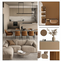 caramel colored interior design moodboard for a living room with a kitchen and dinning space