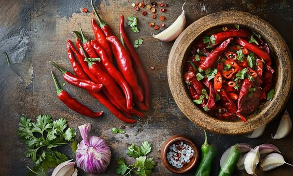 A vibrant arrangement of red chilies, herbs, and garlic, showcasing culinary ingredients.