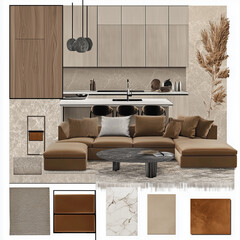 caramel colored interior design moodboard for a living room with a kitchen and dinning space