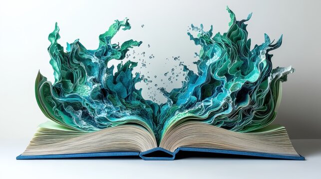 Open Book with Vibrant Ocean Waves Emanating from Pages, Symbolizing Imagination and Creativity in a Surreal Artistic Concept