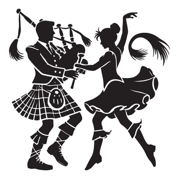 Highland Dance Silhouette Vector Illustration, Solid White Background.