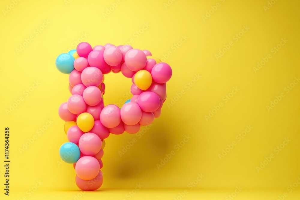 Poster the image is a colorful display of balloons arranged to spell out the letter p