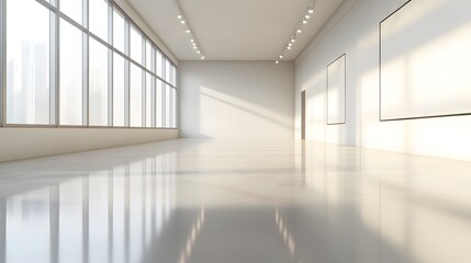 Fototapeta premium An expansive minimalist showroom with neutral-colored walls and smooth, polished floors, providing a perfect environment for product presentations