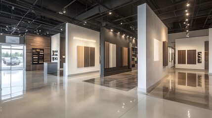 Obraz premium A sleek, modern showroom with large, empty walls and an open floor plan, designed to highlight products without distractions