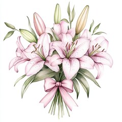 Fototapeta premium Elegant Pink Lily Bouquet with Ribbon, Beautiful bouquet of pink lilies with lush green leaves, tied with a soft pink ribbon, symbolizing elegance, grace, and celebration.
