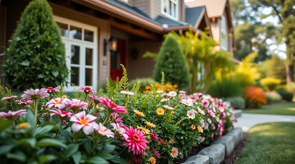 Obraz premium Residential Flowerbed and House Exterior