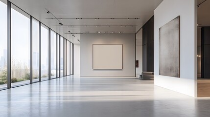 An expansive minimalist space with large windows, neutral walls, and an unobstructed floor area for showcasing large products or artwork