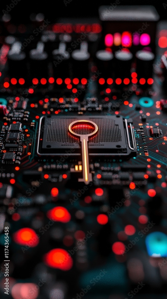 Poster futuristic cybersecurity key to digital security on microchip