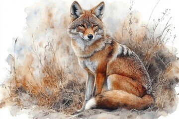 Fototapeta premium A detailed watercolor illustration of a coyote sitting amidst dry grass.