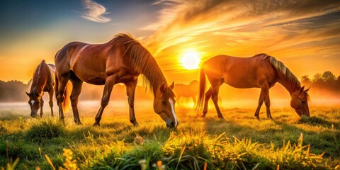 Fototapeta premium Sunrise Horses Macro Photography AI Art