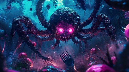 Glowing Spider Monster in Dark Forest