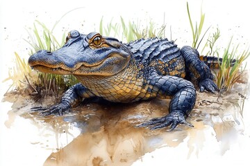A detailed illustration of an alligator resting on the ground near grass.