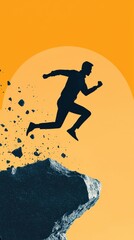 A silhouette of a runner leaps from a cliff against a bright orange background, symbolizing courage and adventure.