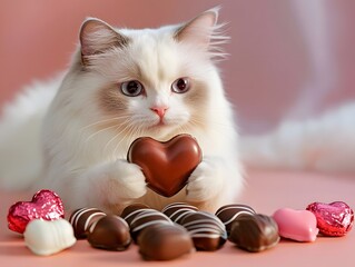 Adorable White Cat Holding Valentine s Day Heart Shaped Chocolates