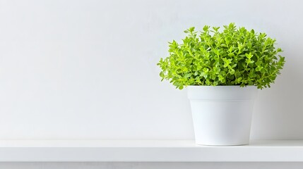 Nurturing a lush green plant on a minimalist shelf indoor space botanical photography bright environment close-up view