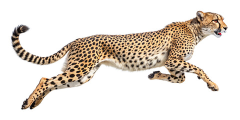 A cheetah runs at full speed, its legs stretched out, against a white background