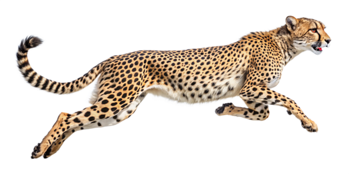 A cheetah runs at full speed, its legs stretched out, against a white background