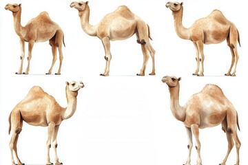 Naklejka premium Illustration of camels in various poses against a white background.