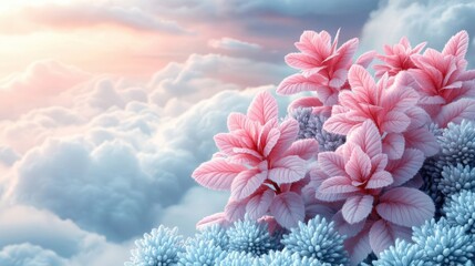 Fototapeta premium Pink and blue flowers above clouds at sunrise.