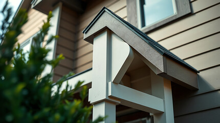 House Exterior Detail: White Wooden Post and Dark Grey Roofline