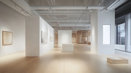 Fototapeta premium An elegant, expansive exhibition space with white walls, wooden floors, and a sleek, minimalist design to create a perfect space for product showcasing