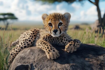 Baby cheetah lying on a rock in the savannah