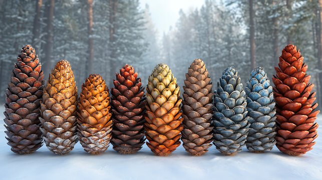 Colorful pine cones in a row on snowy ground with blurred winter forest background.