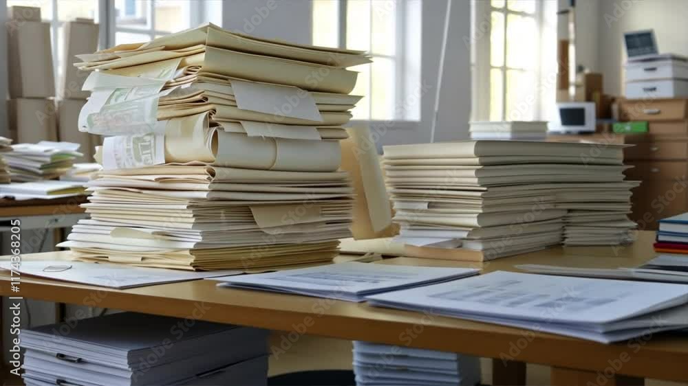 Poster organizing cluttered office efficient filing systems for busy workspaces with stacks of papers and d