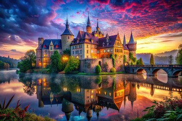 Obraz premium Surreal Schloss Schaumburg, Fantasy Castle, Dreamlike Architecture, AI Art, Digital Painting, Esoteric Beauty