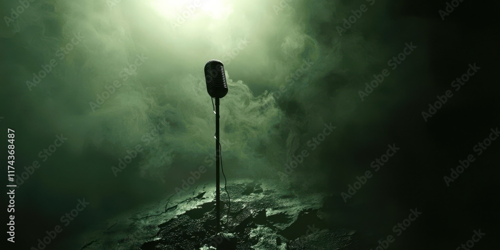 Poster microphone is standing in a foggy field