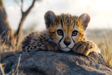 Baby cheetah lying on a rock in the savannah