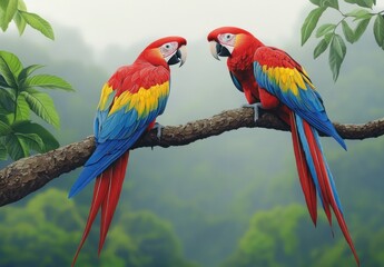Obraz premium Two red parrots with blue and yellow feathers perched on a tree branch in the rainforest