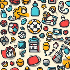 Colorful Cartoon Objects Seamless Pattern Design