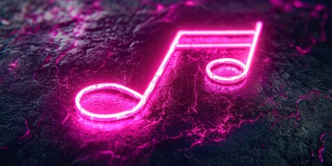 Neon pink note is lit up on a dark surface