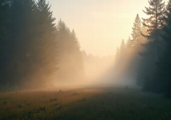 Fototapeta premium Misty forest landscape at dawn with tall trees and soft light illuminating the scene