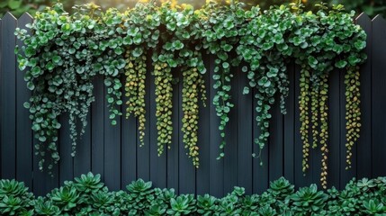 Lush green succulents and trailing plants cascading over a dark gray wooden fence.